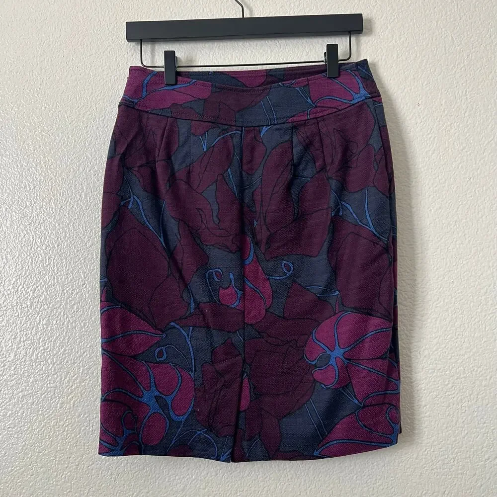 LOFT Purple Floral Print Textured Knit Pencil Skirt